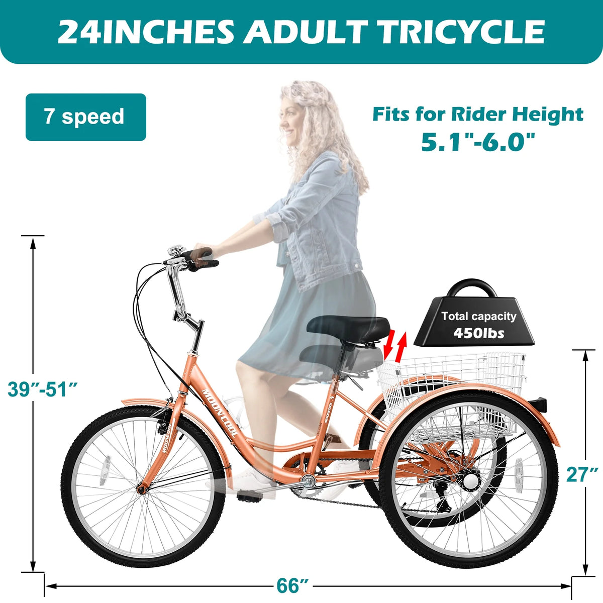 24" 7-Speed 3 Wheel Adult Tricycle with Baskets, Orange P134