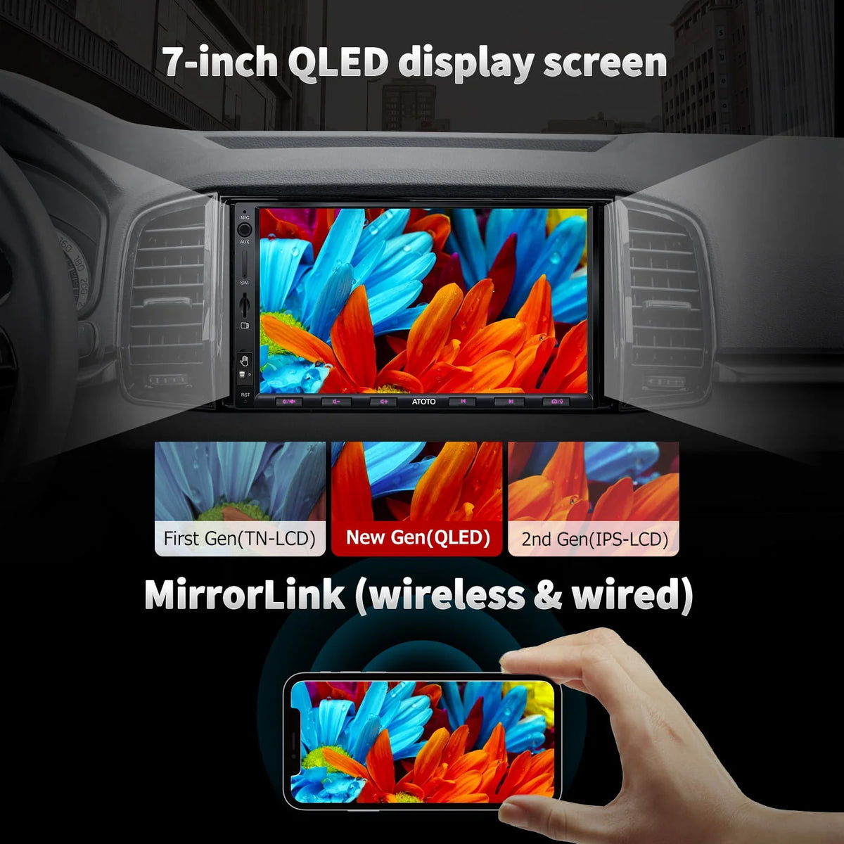 7inch QLED Double Din Car Stereo with Wireless Carplay Android Auto F98032