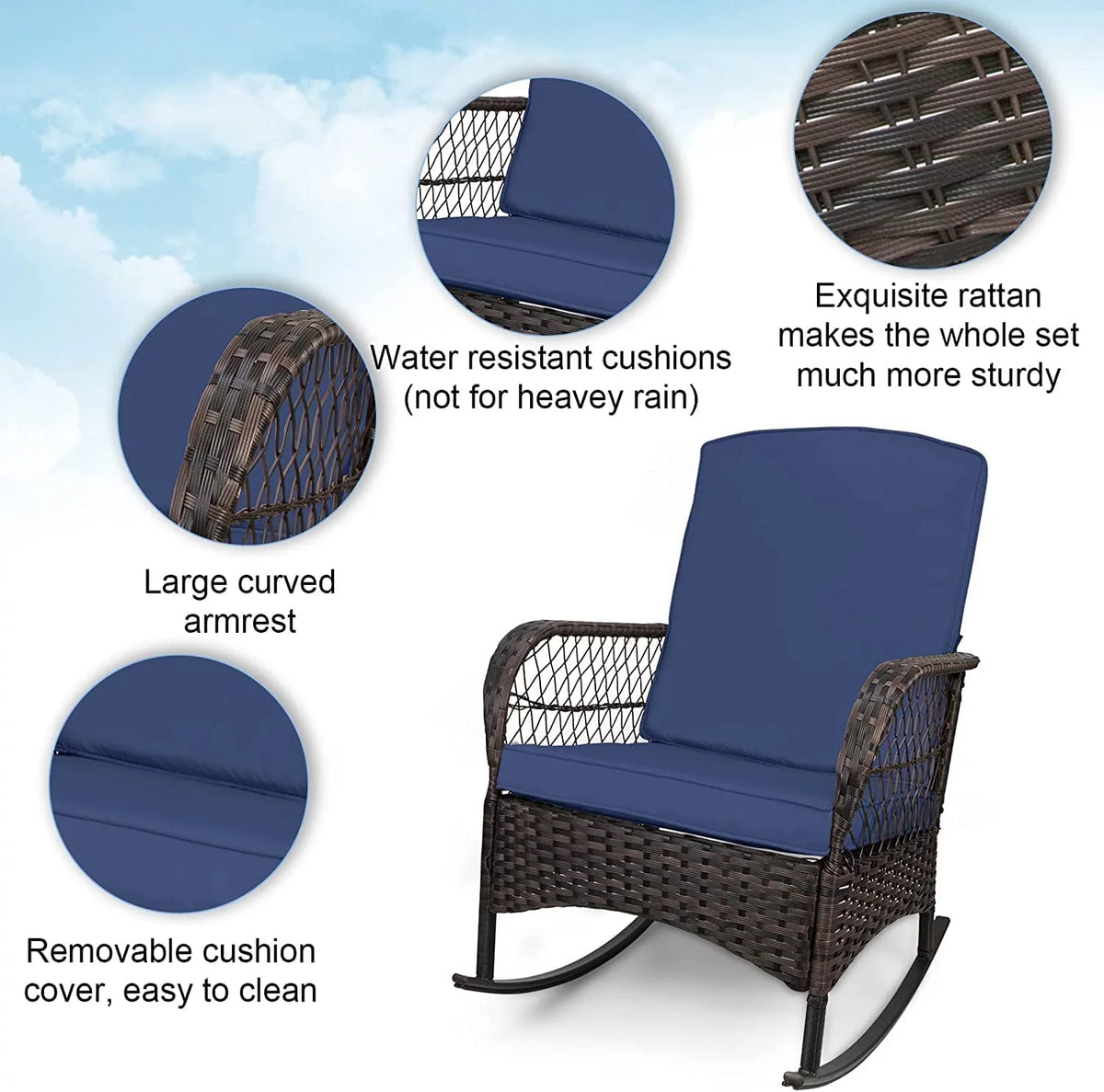 3 Pcs PE Wicker Rocking Bistro Set with Glass Table Q41726