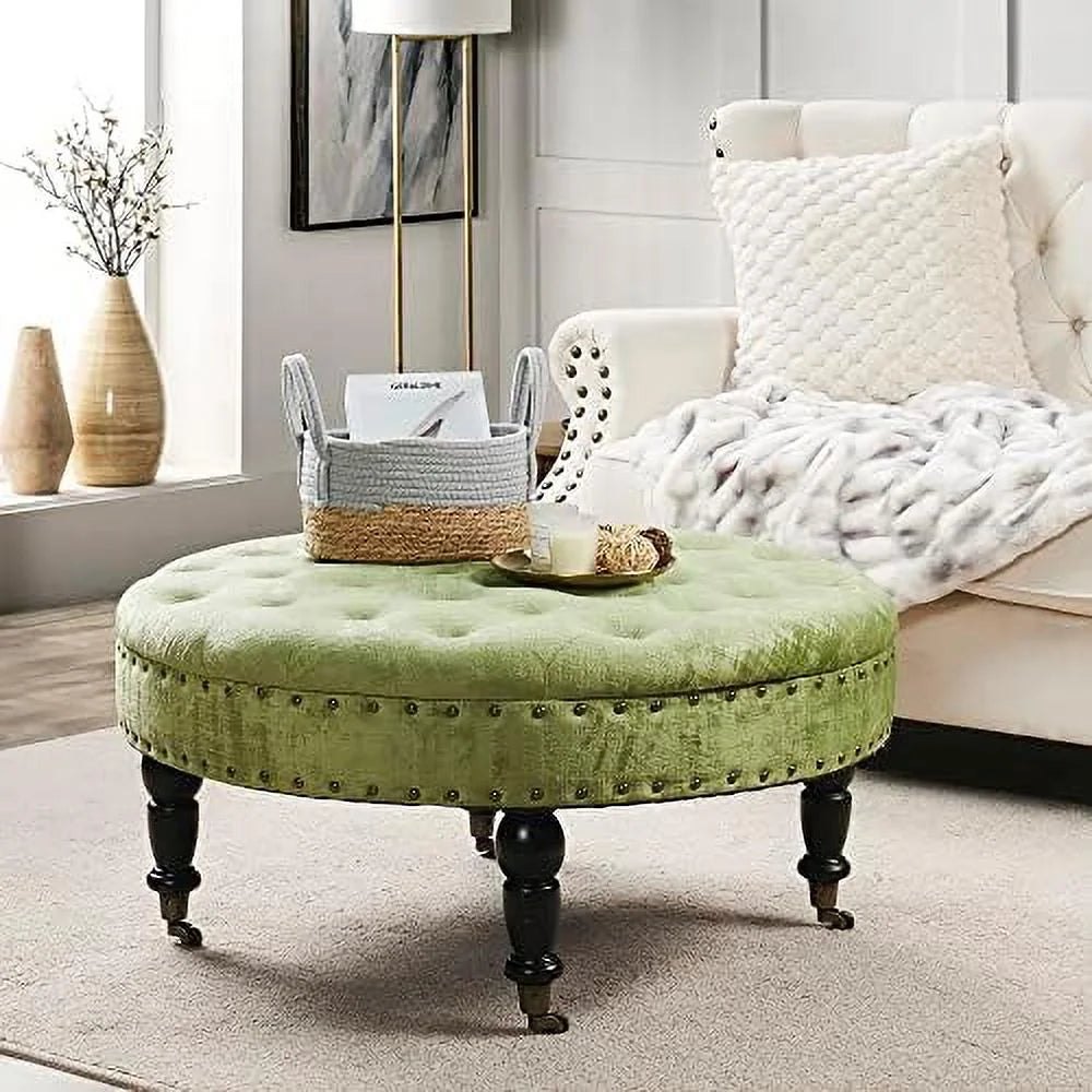 Green Tufted Round Velvet Ottoman Coffee Table 34" Large X474