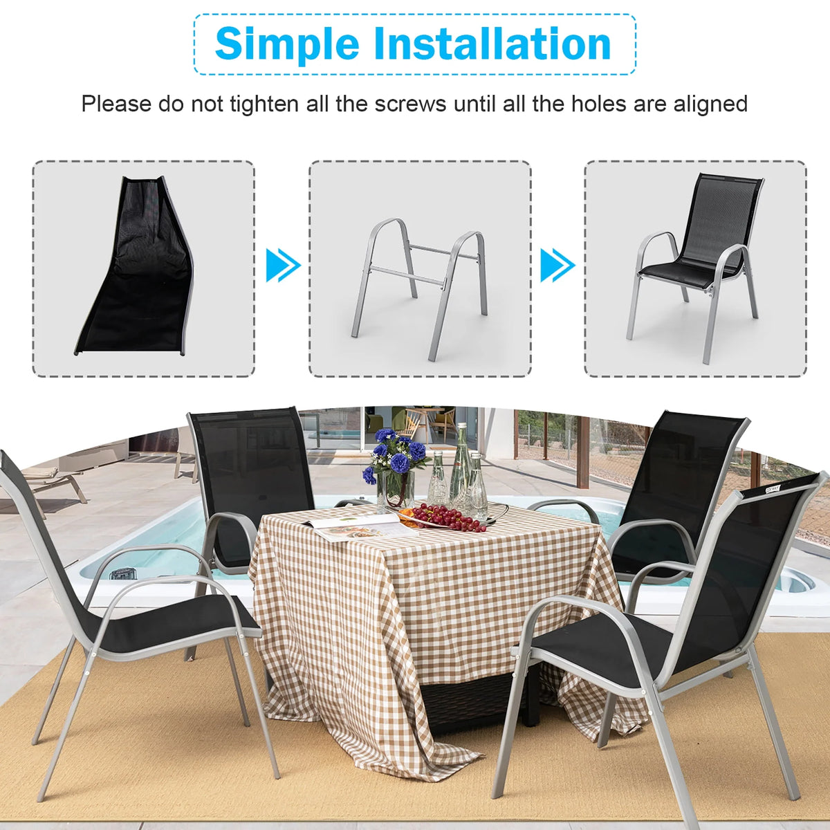 Set of 4 Black Stackable Patio Dining Chairs I692016