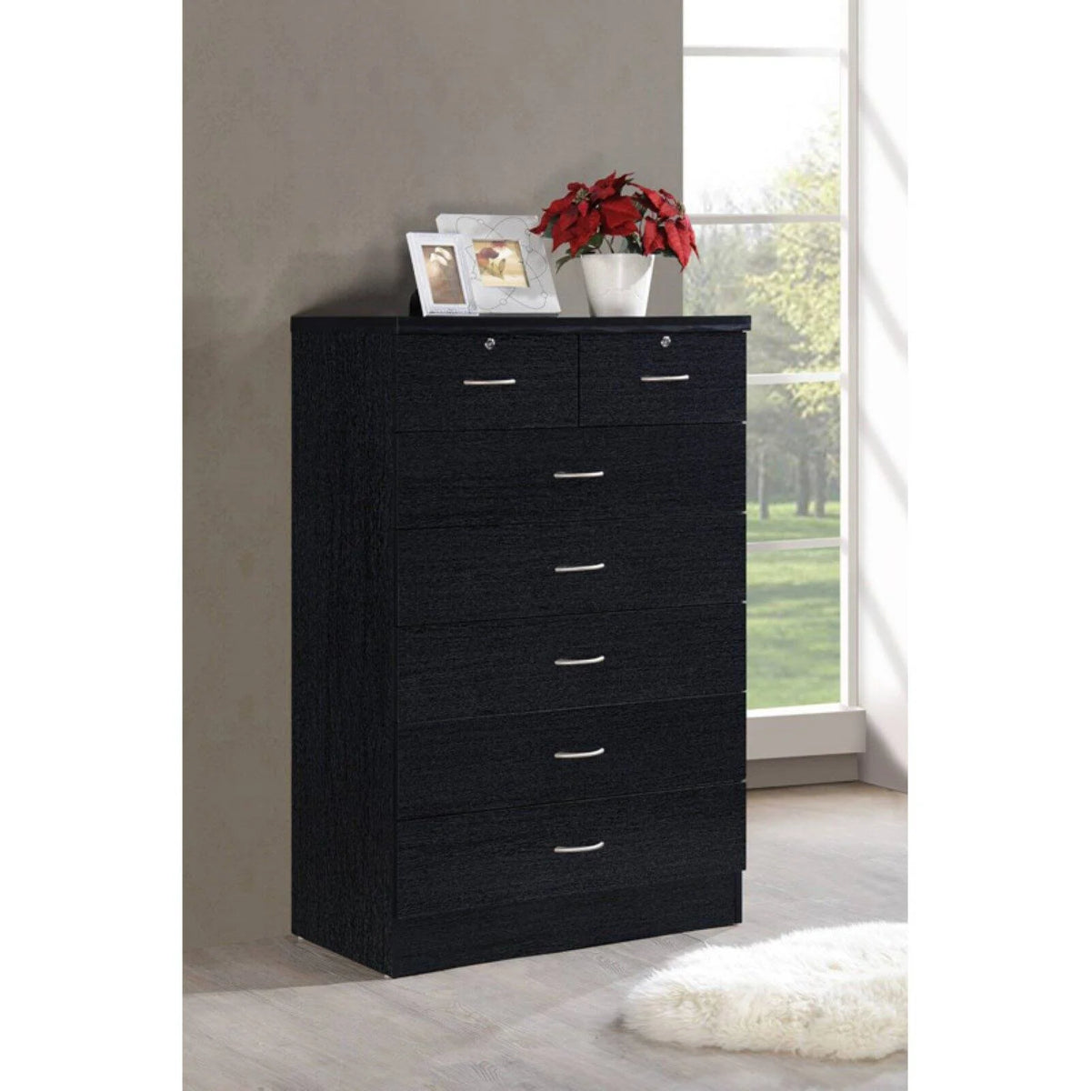 7 Drawer Wooden Dresser Chest with 2 Top Locks, Cherry I4536