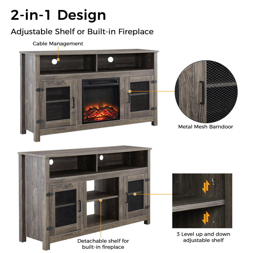 Grey TV Stand with Electric Fireplace and Storage Cabinet W5539