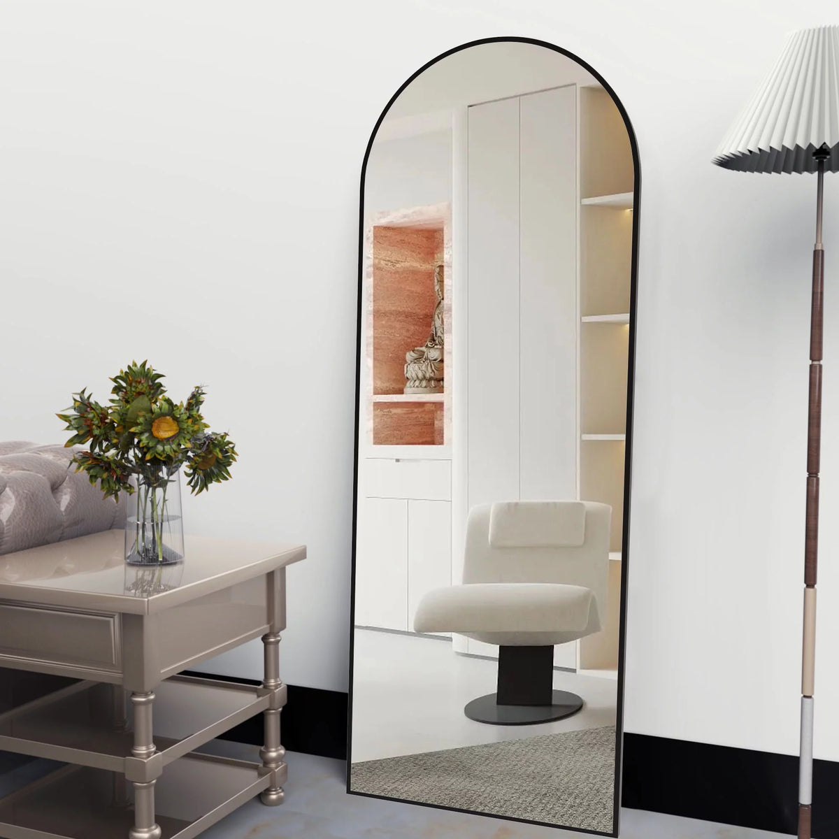 Black Arched Full Length Floor Mirror with Stand Y571932