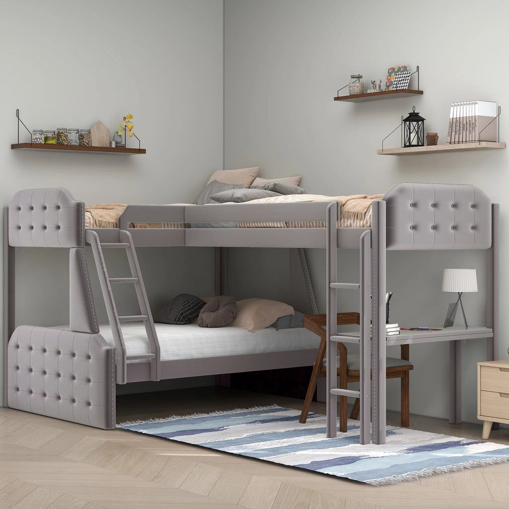 Gray Upholstered Twin over Full Bunk Bed with Built-in Desk L70716