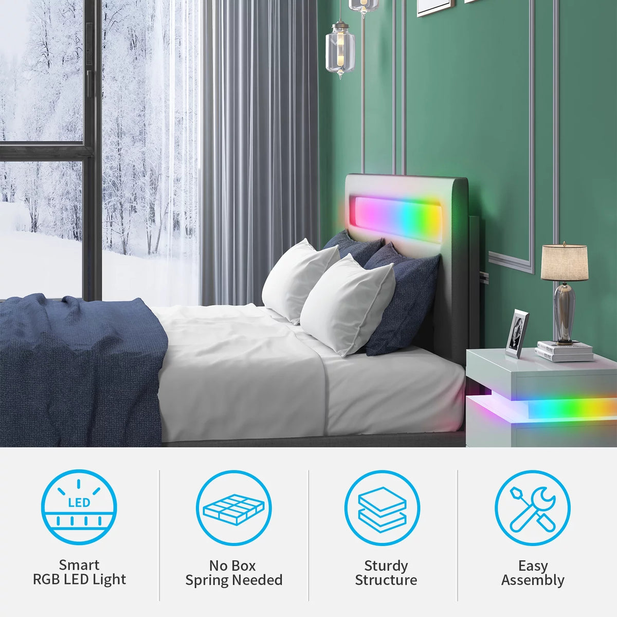 Full Size Grey Platform Bed Frame with LED Headboard W2406
