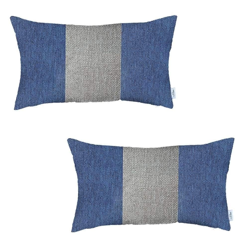 Set Of Two 20" X 12" Grey And Blue Geometric Polyester Lumbar Pillow G268