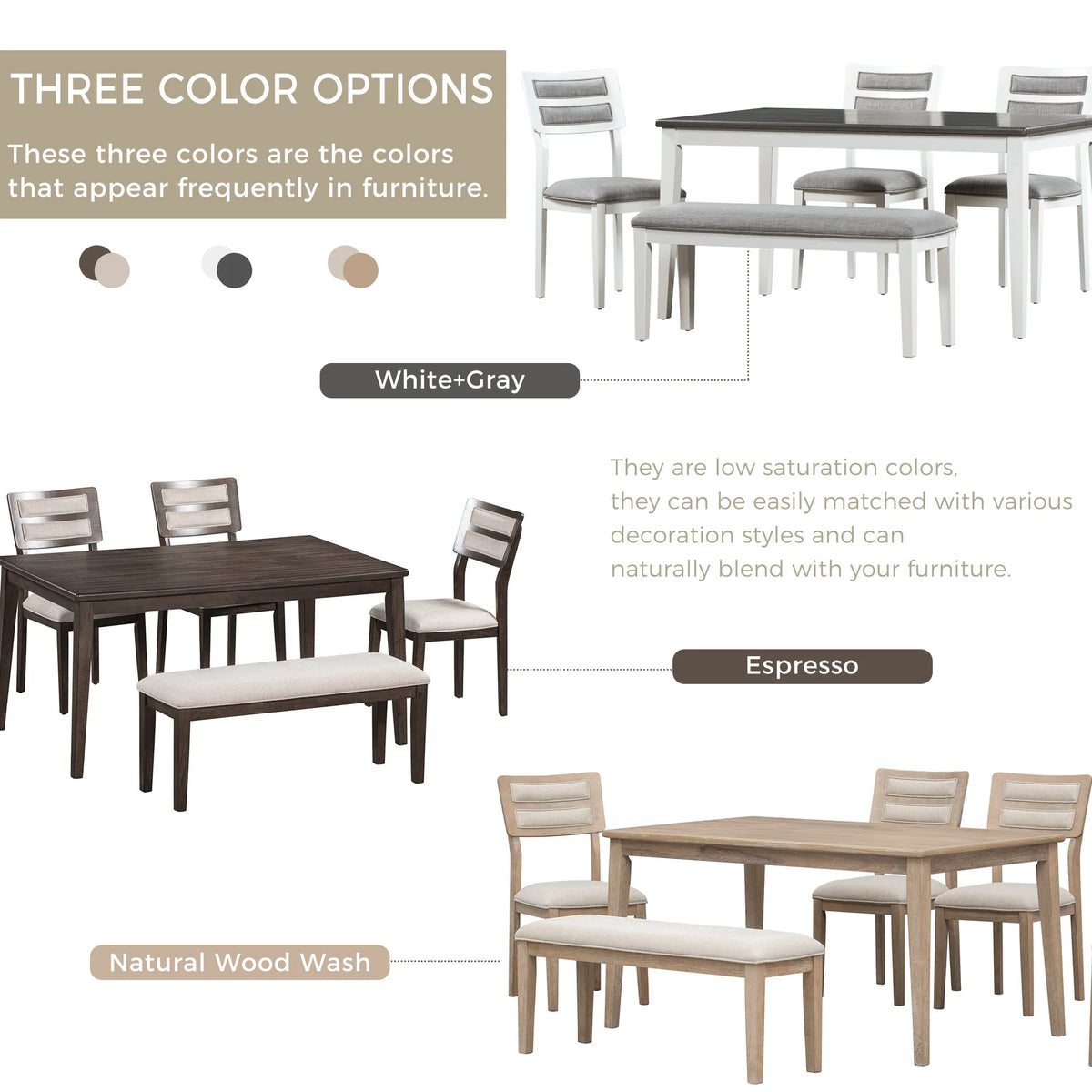 6 Piece Dining Table and Chair Set with 4 Upholstered Chairs and Bench F38561