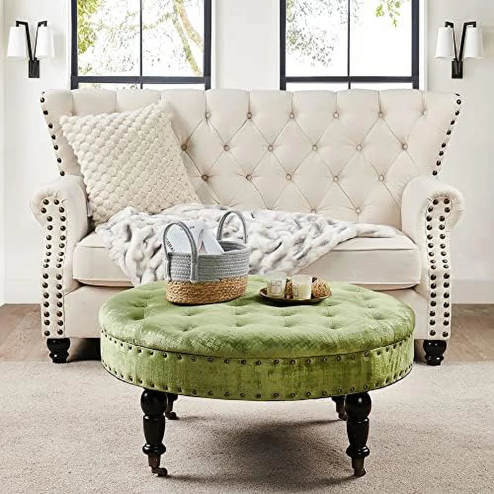 Green Tufted Round Velvet Ottoman Coffee Table 34" Large X474