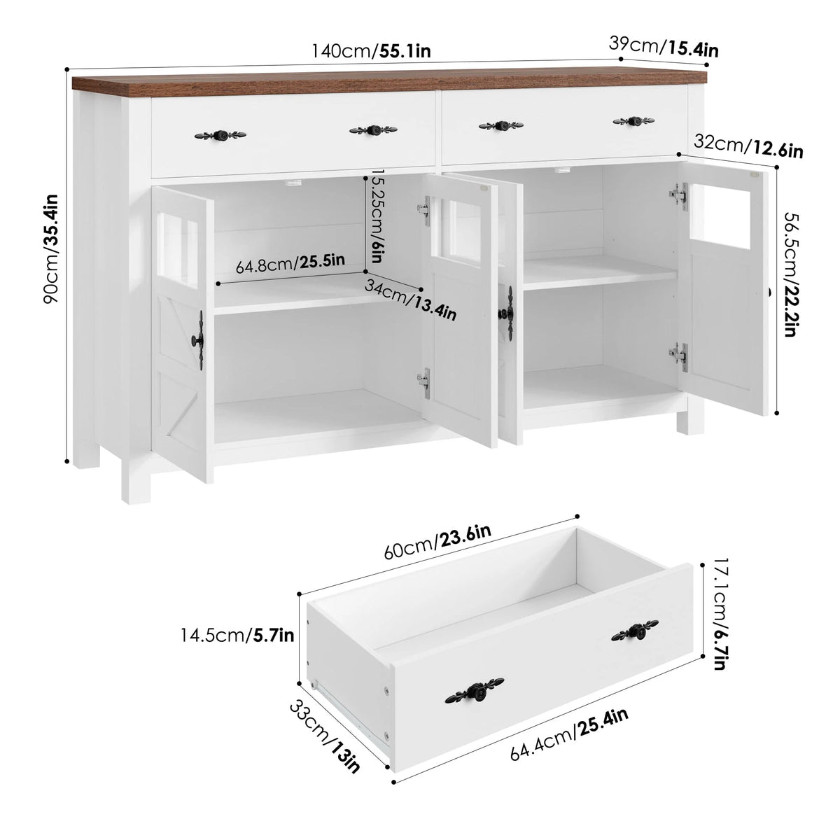 2 Drawer Glass Door Wood Sideboard P308