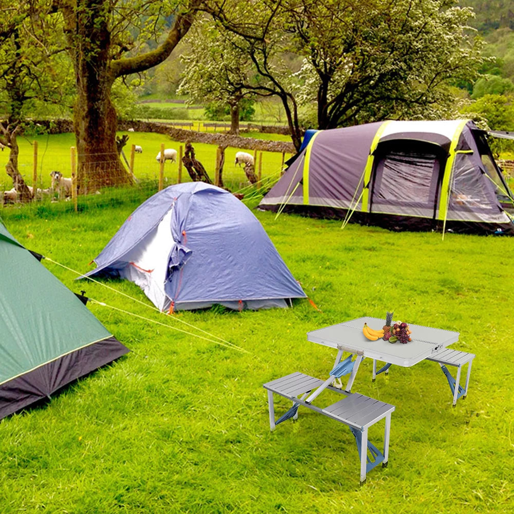 Folding Aluminum Camping Table and Benches Set V477438