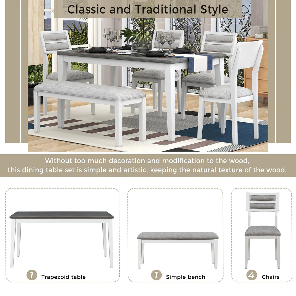 6 Piece Dining Table and Chair Set with 4 Upholstered Chairs and Bench F38561