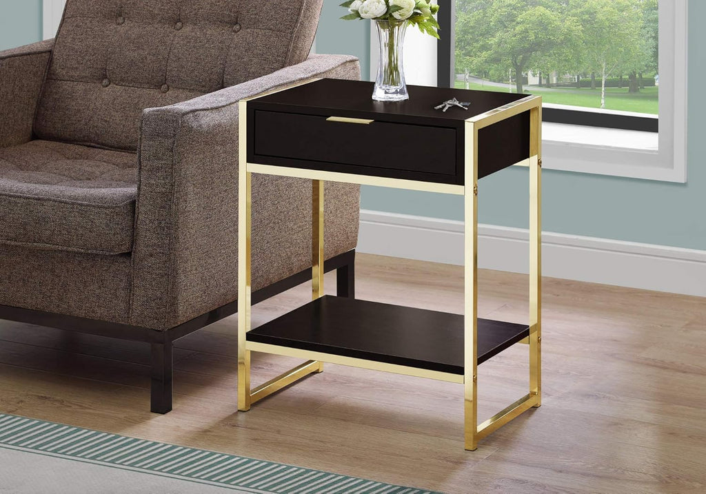 Cappuccino End Table with Gold Metal Base E412