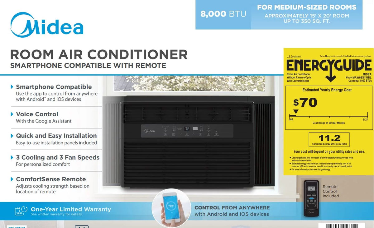 8,000 BTU Smart Window Air Conditioner with Remote, Black G331