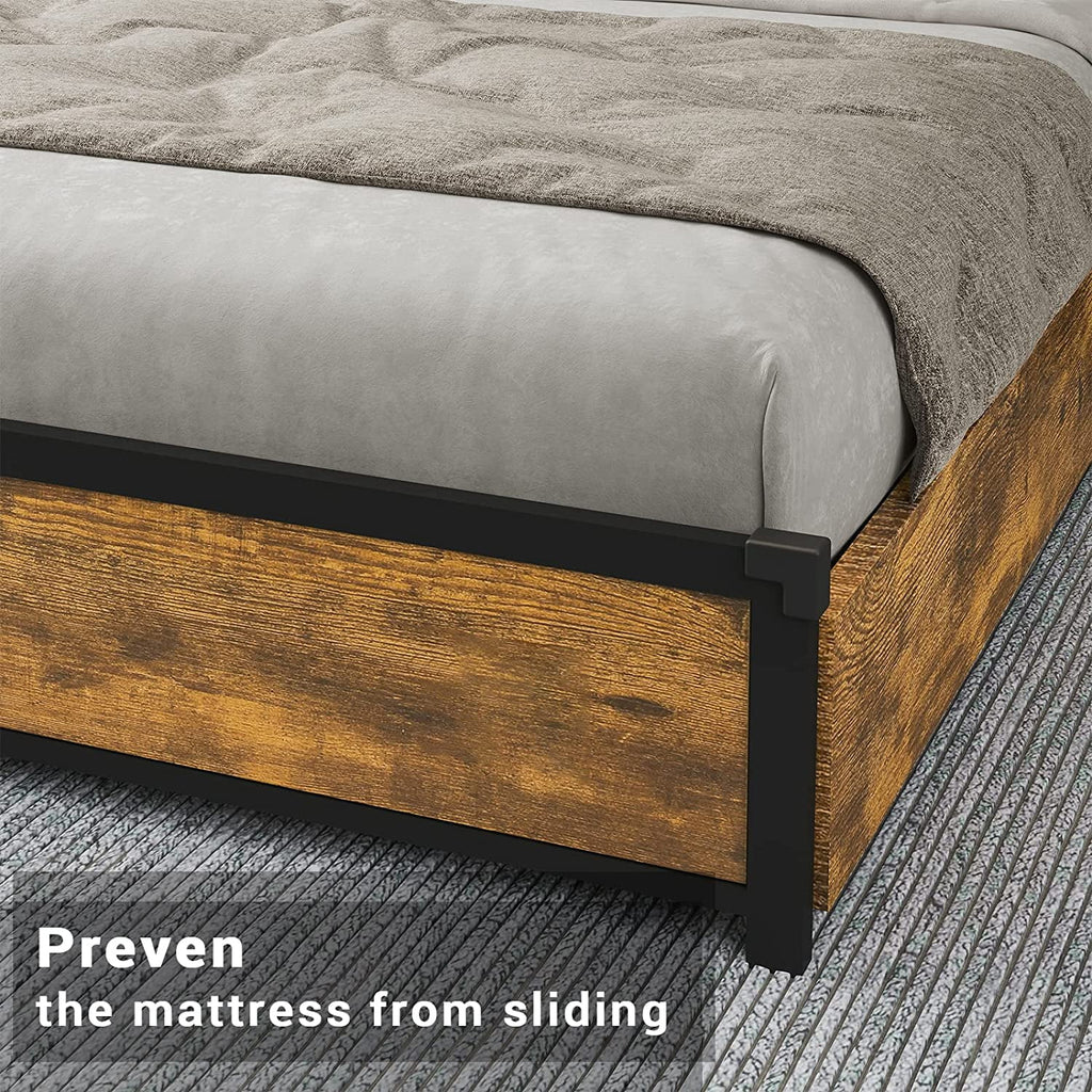 Rustic Brown Full Size Metal Platform Bed Frame with LED Headboard and USB Ports I4423