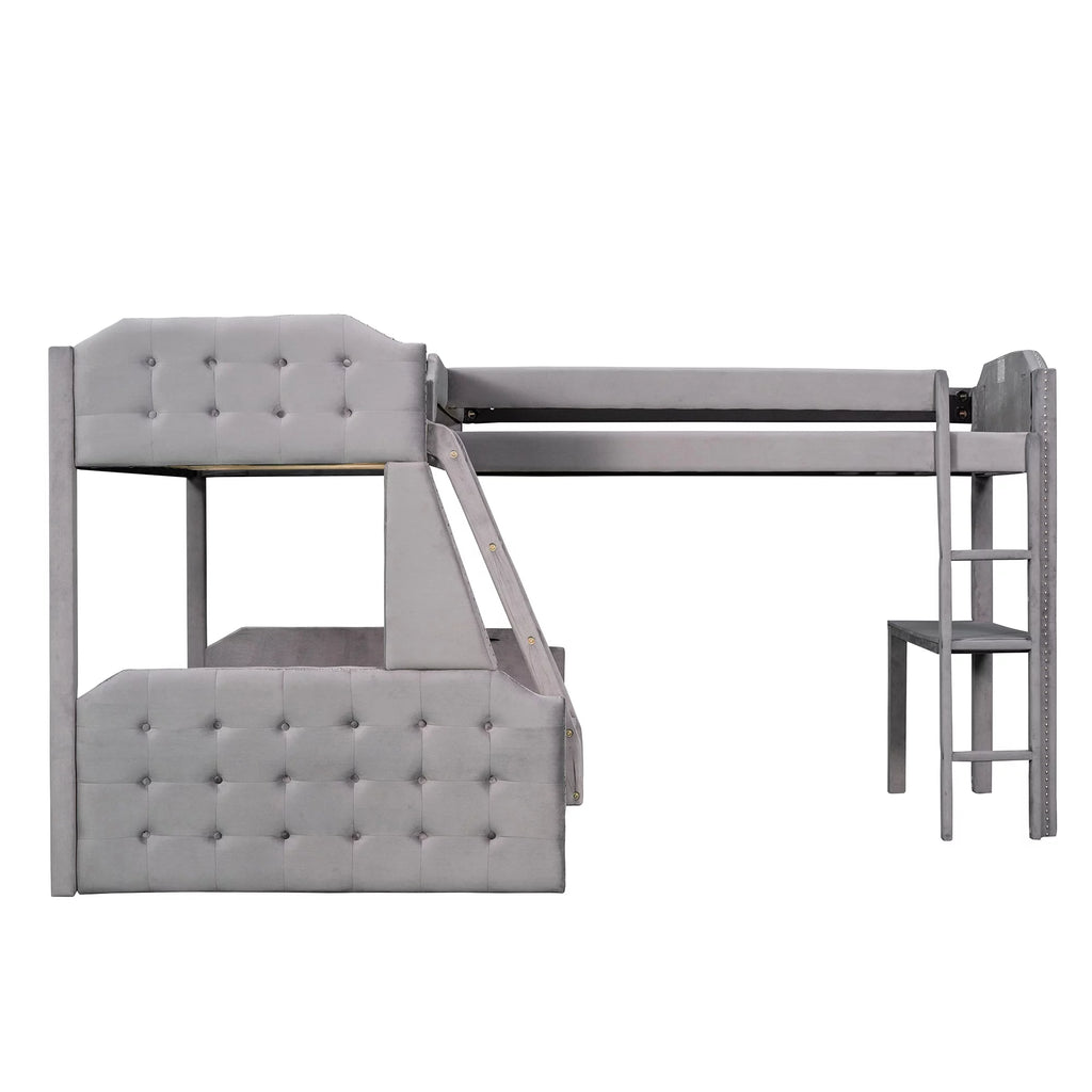 Gray Upholstered Twin over Full Bunk Bed with Built-in Desk L70716