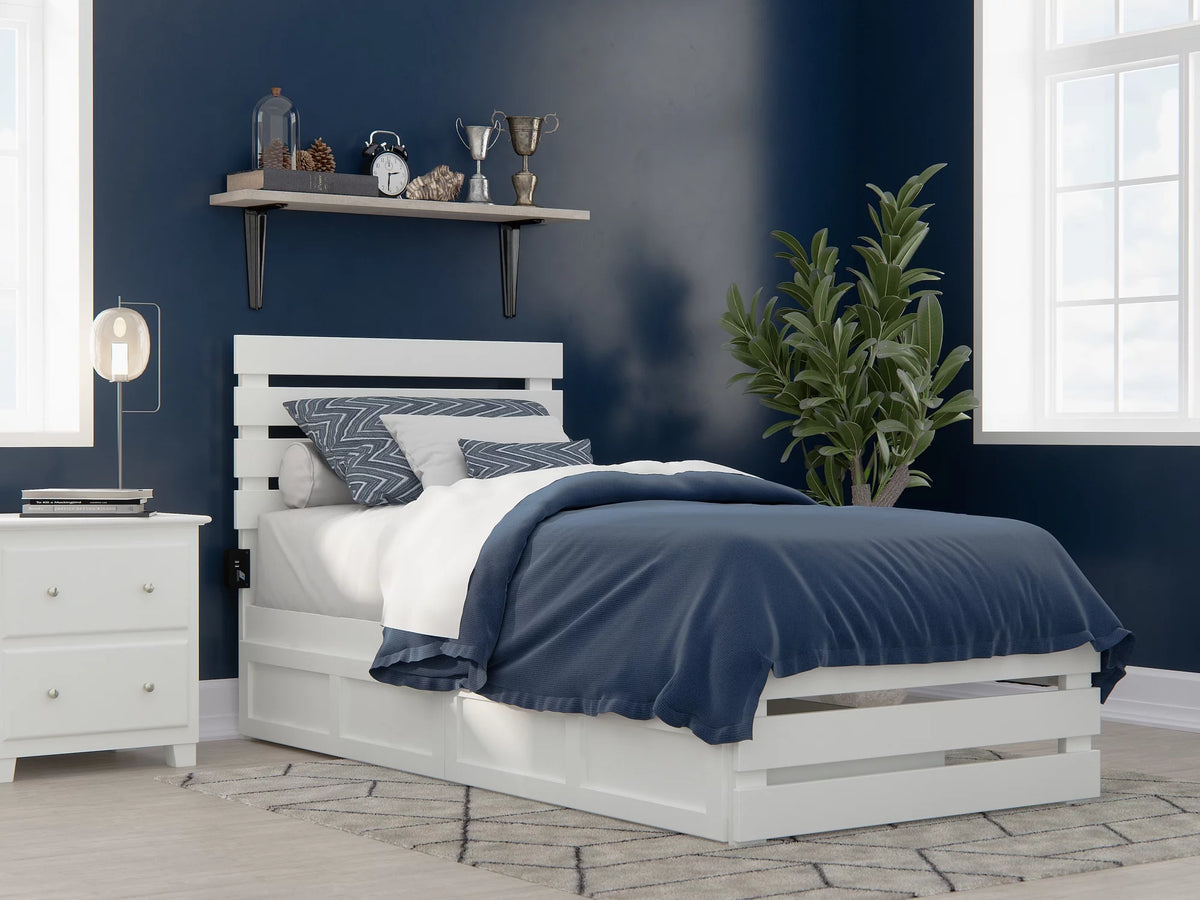 White Twin Extra Long Bed with Footboard and 2 Drawers G55044