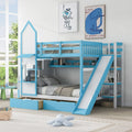 Full Over Full Wooden Bunk Bed with Slide Storage Drawers Shelves Blue T568