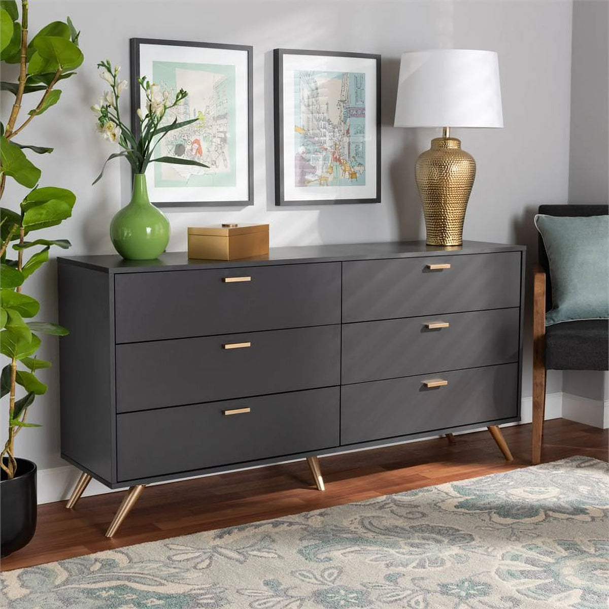 Dark Grey Gold Wood 6-Drawer Dresser E10716