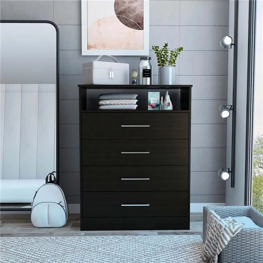 Modern Black Four Drawer Dresser with Hutch V43264