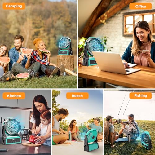 Portable Camping Fan, 20000mAh Rechargeable Battery Operated Fans with Lights, 4 Speed, Adjustable Brightness (Blue Black) K755