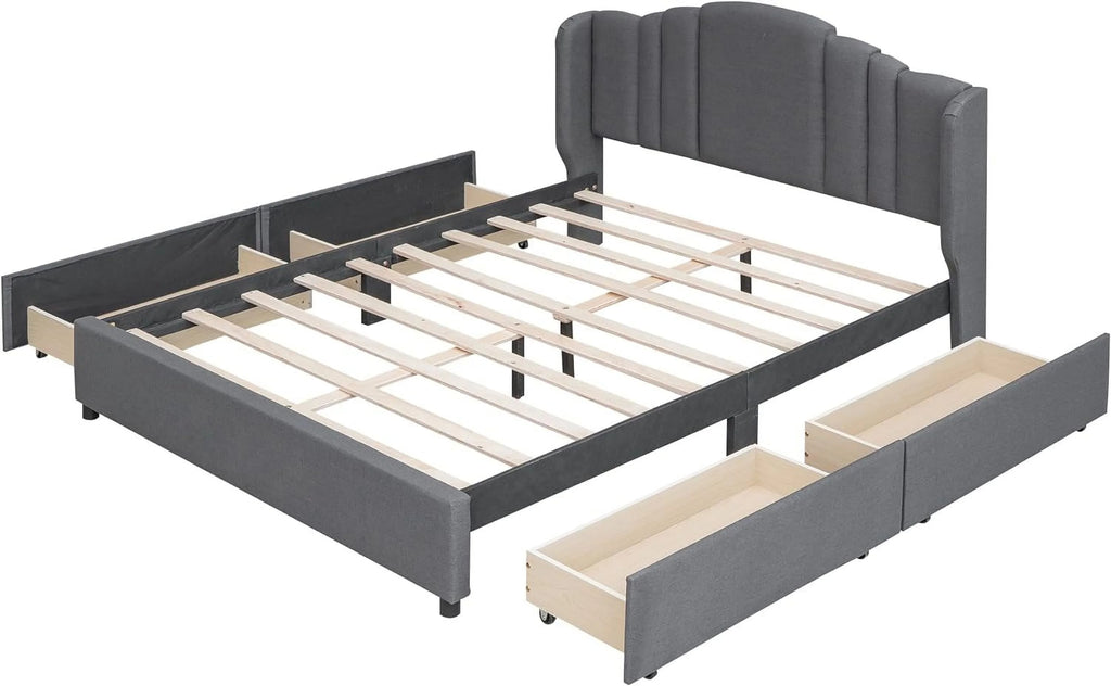 Queen Size Upholstered Platform Bed with Wingback Headboard and 4 Drawers, Wood Bed Frame M25334