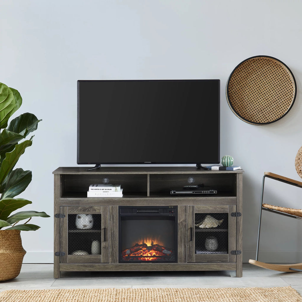 Grey TV Stand with Electric Fireplace and Storage Cabinet W5539