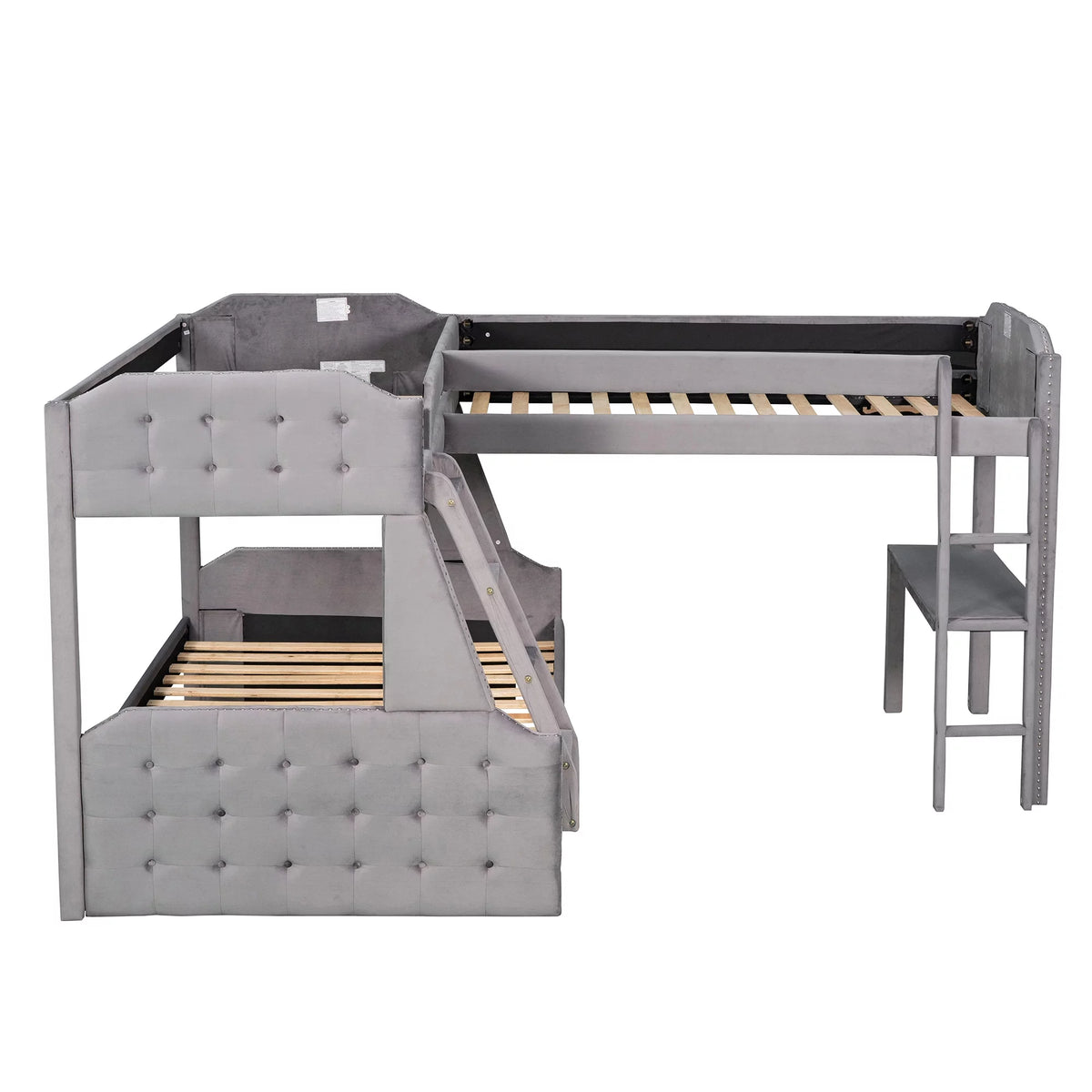 Gray Upholstered Twin over Full Bunk Bed with Built-in Desk L70716
