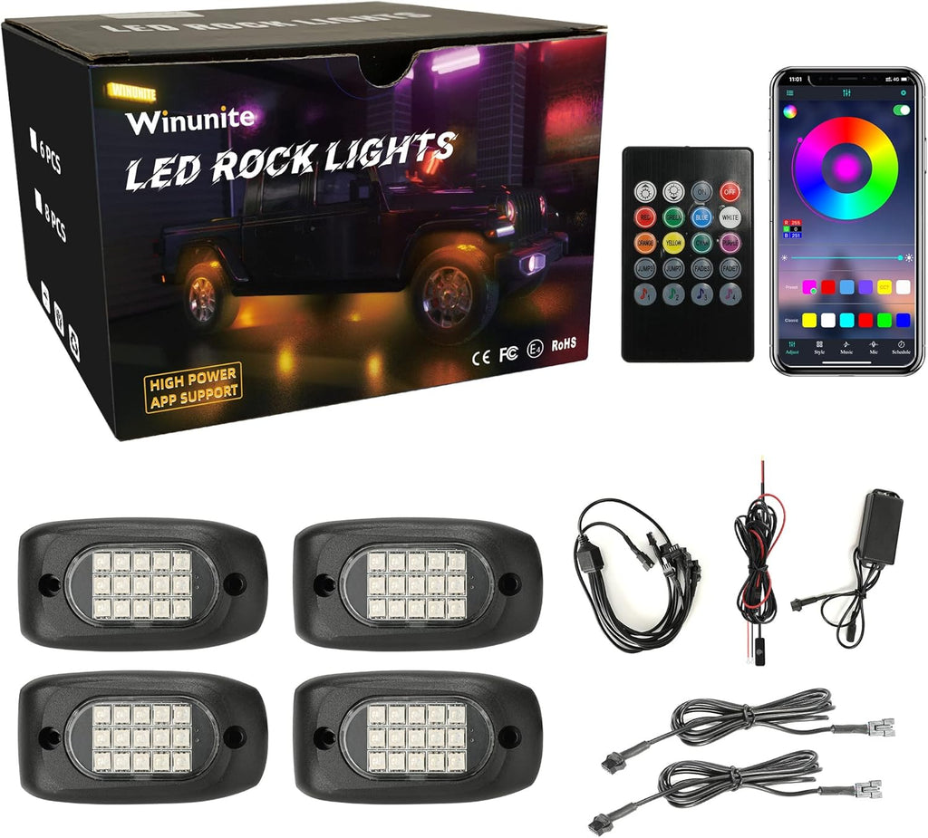 4 Pods RGB LED Rock Lights with Wires, 60LEDs Waterproof Music Mode F8505