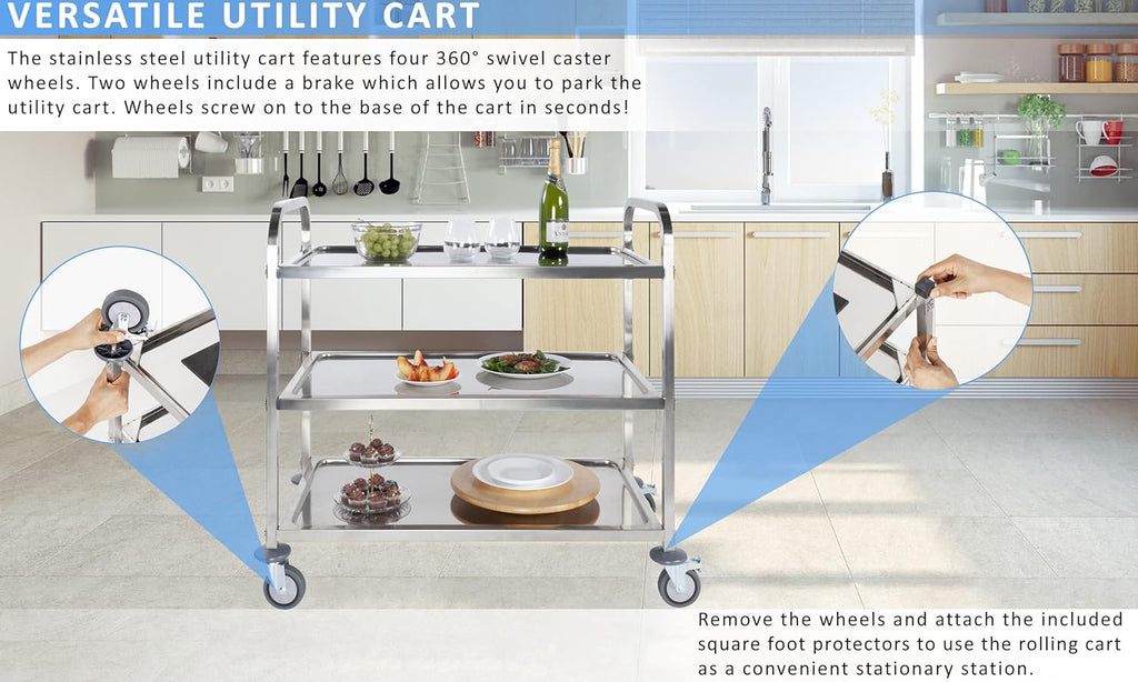Stainless Steel 3 Tier Rolling Utility Cart with Locking Wheels K5408
