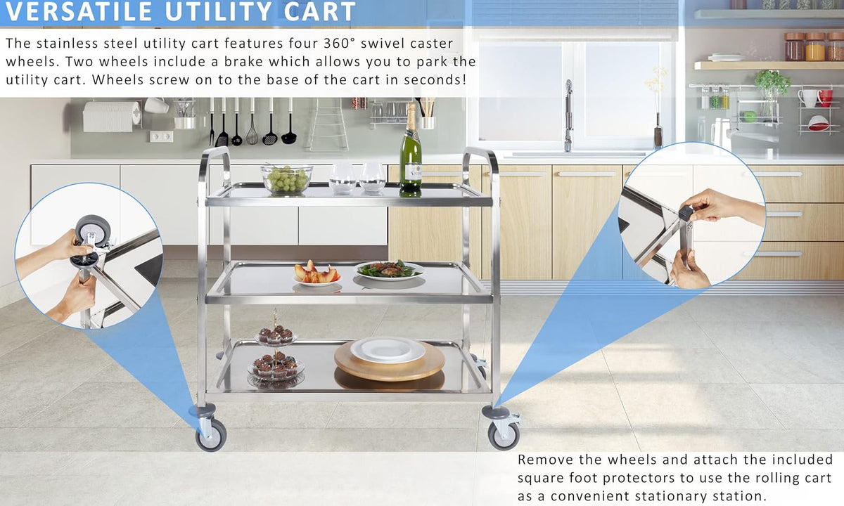 Stainless Steel 3 Tier Rolling Utility Cart with Locking Wheels K5408