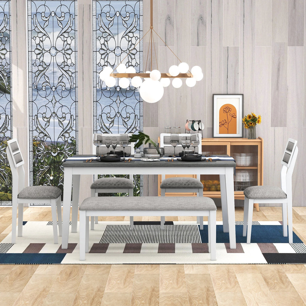 6 Piece Dining Table and Chair Set with 4 Upholstered Chairs and Bench F38561