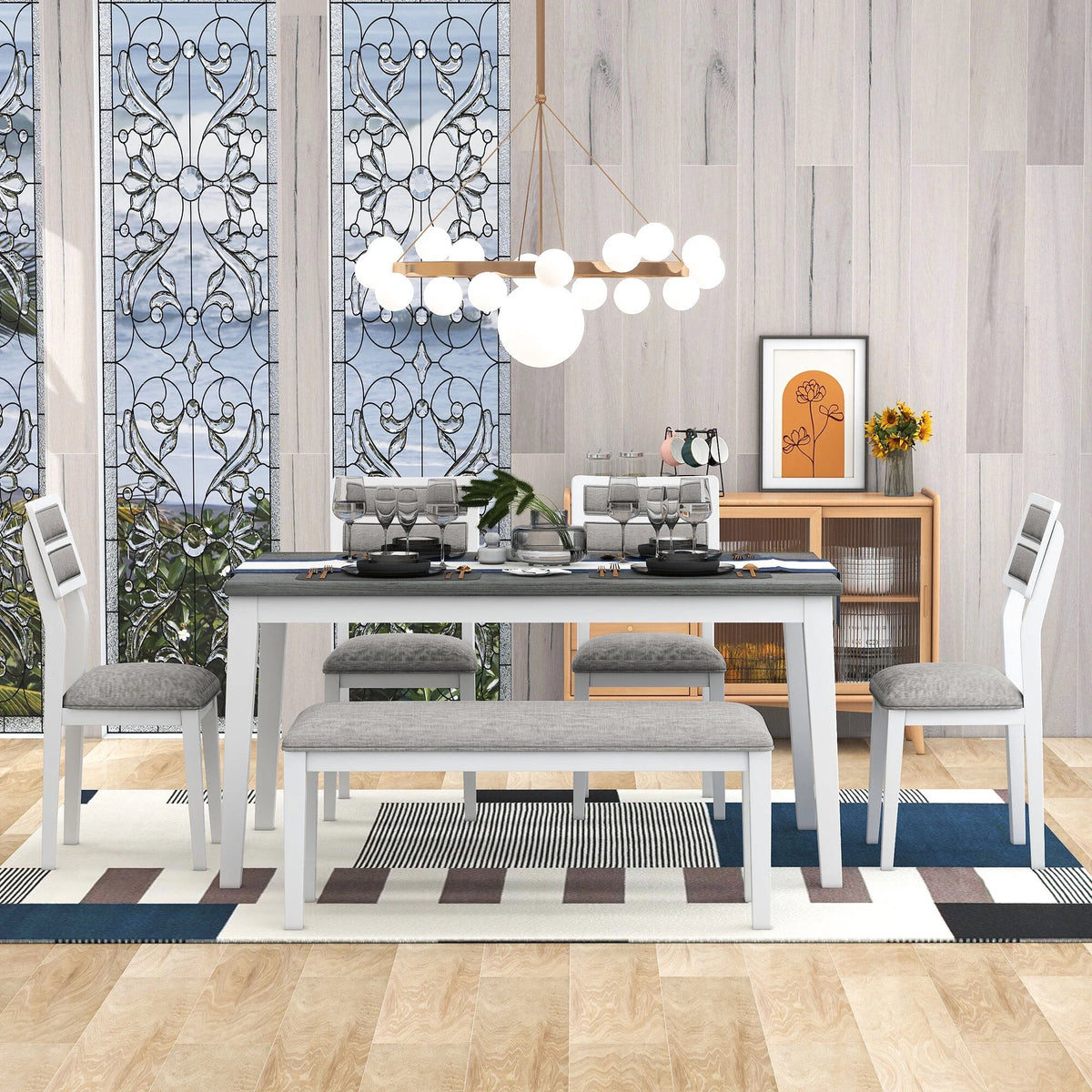 6 Piece Dining Table and Chair Set with 4 Upholstered Chairs and Bench F38561
