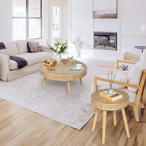 Round Coffee Table Set with Rattan, Natural, 2Pack A388