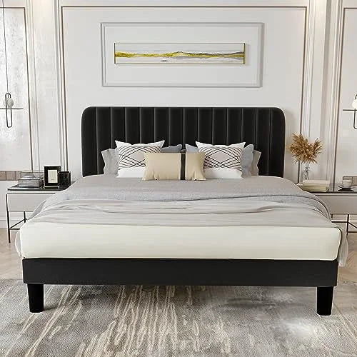 Queen Size Platform Bed Frame with Headboard Grey Q873612