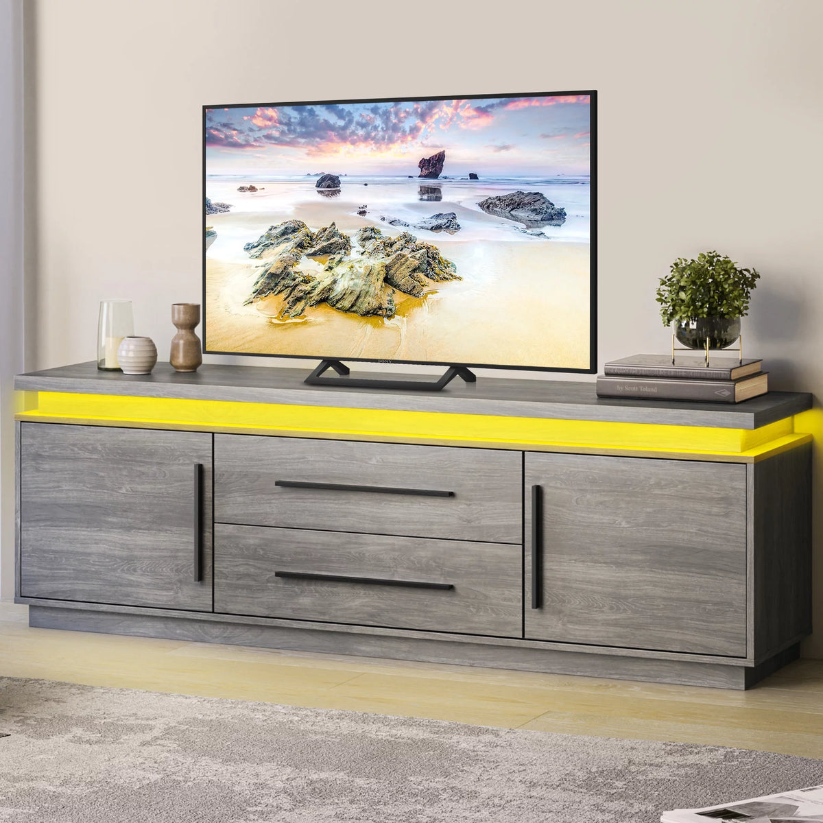 67" TV Stand with LED Lights and Cabinets G690