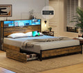Rustic Brown Full Size Metal Platform Bed Frame with LED Headboard and USB Ports I4423