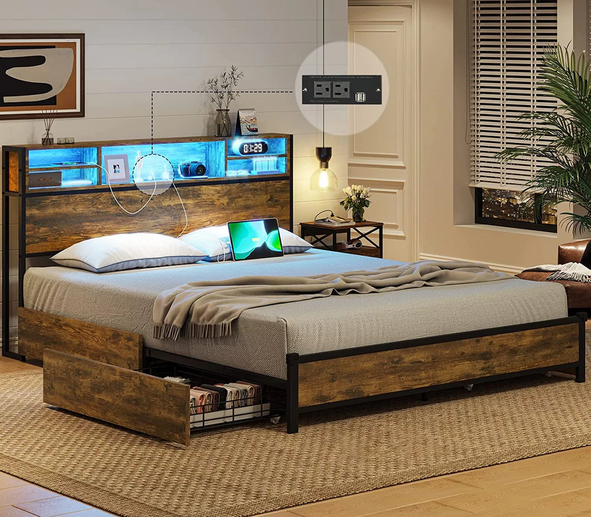 Rustic Brown Full Size Metal Platform Bed Frame with LED Headboard and USB Ports I4423