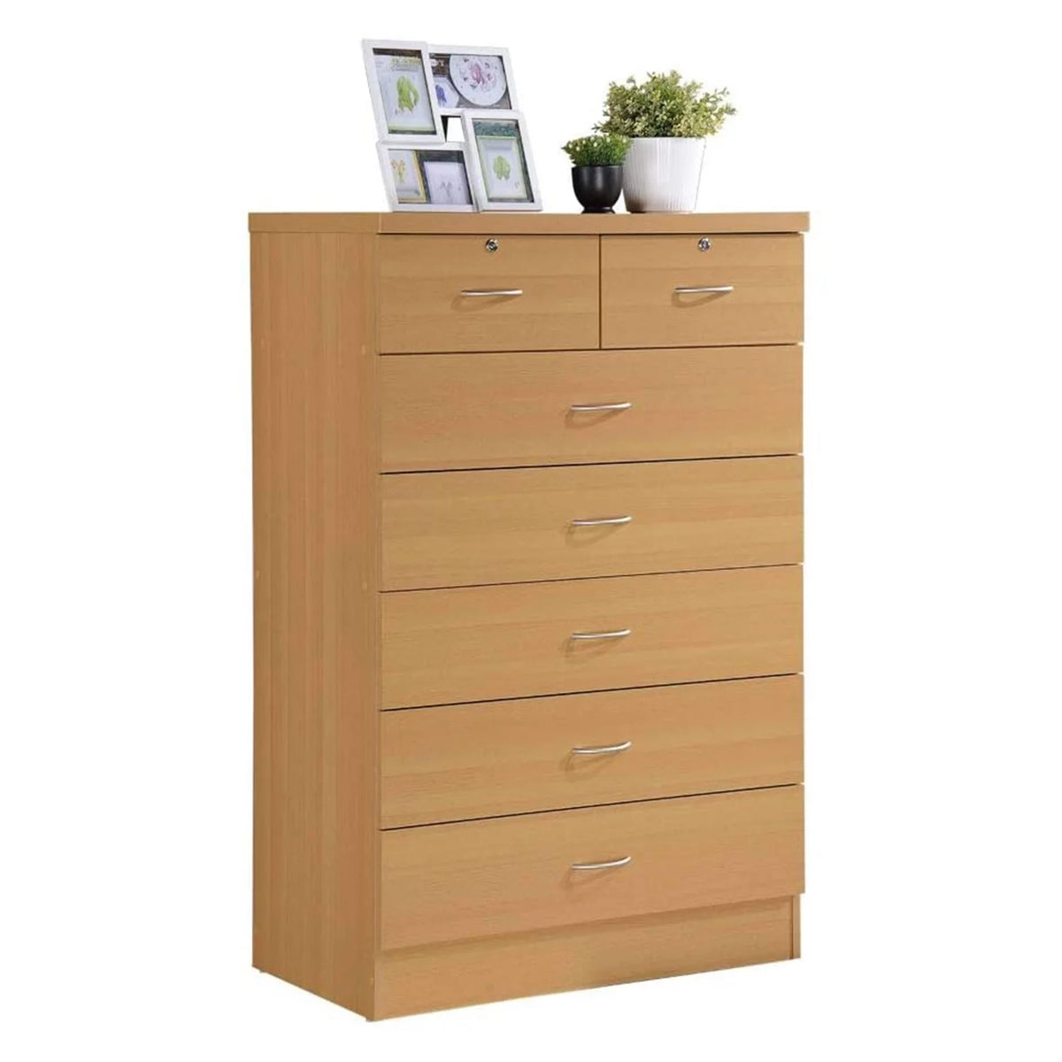 7 Drawer Wooden Dresser Chest with 2 Top Locks, Cherry I4536