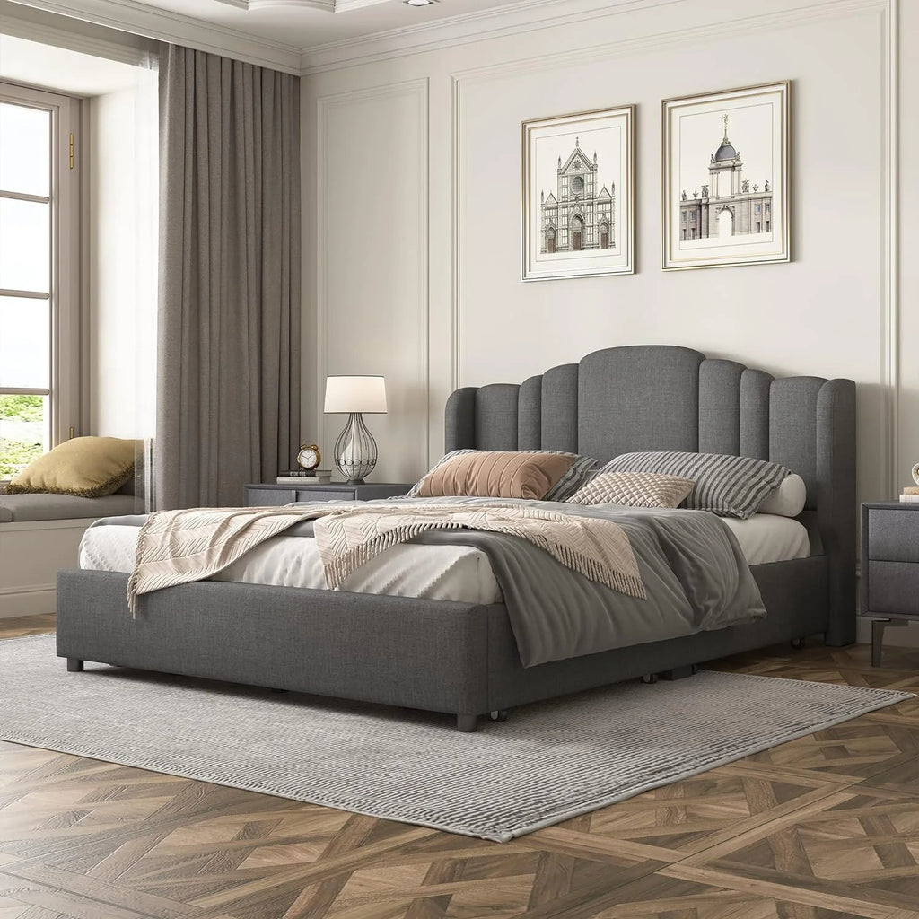 Queen Size Upholstered Platform Bed with Wingback Headboard and 4 Drawers, Wood Bed Frame M25334