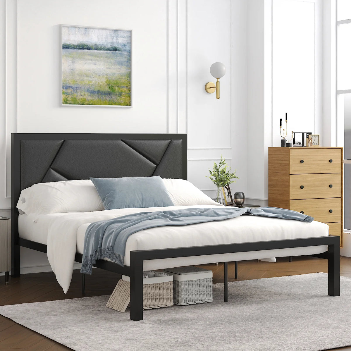 Twin Size Bed Frame with Leather Upholstered Headboard, Black A690