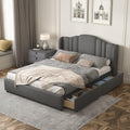 Queen Size Upholstered Platform Bed with Wingback Headboard and 4 Drawers, Wood Bed Frame M25334