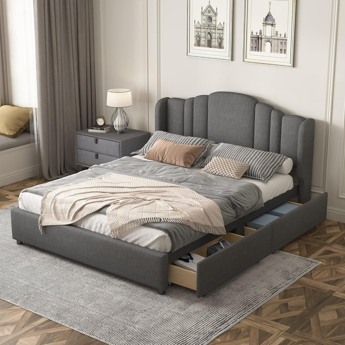 Queen Size Upholstered Platform Bed with Wingback Headboard and 4 Drawers, Wood Bed Frame M25334
