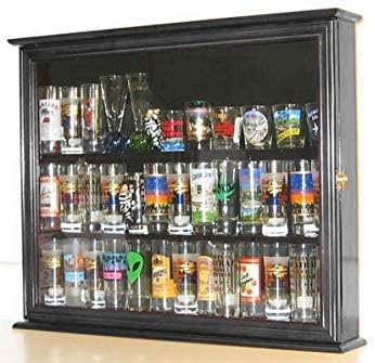 Shot Glass Display Case Wall Curio Cabinet Shadow Box Mahogany Finish B66813