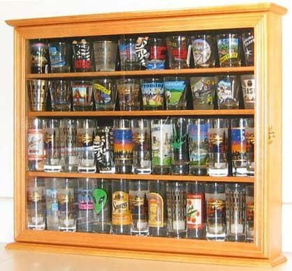 Shot Glass Display Case Wall Curio Cabinet Shadow Box Mahogany Finish B66813
