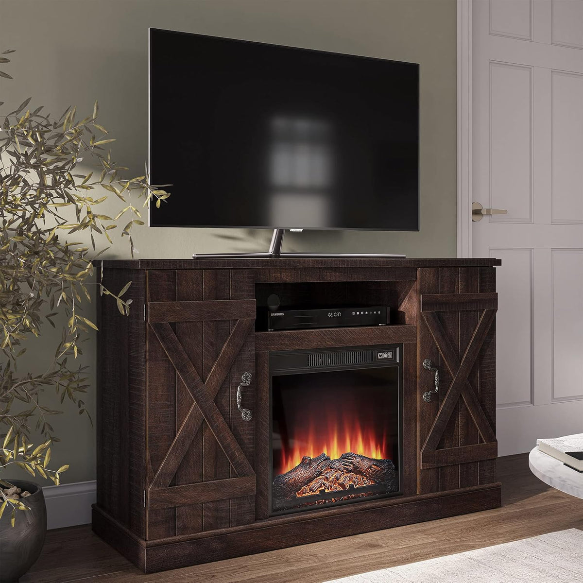 Industrial Electric Fireplace TV Stand with Open Storage Shelves L98702