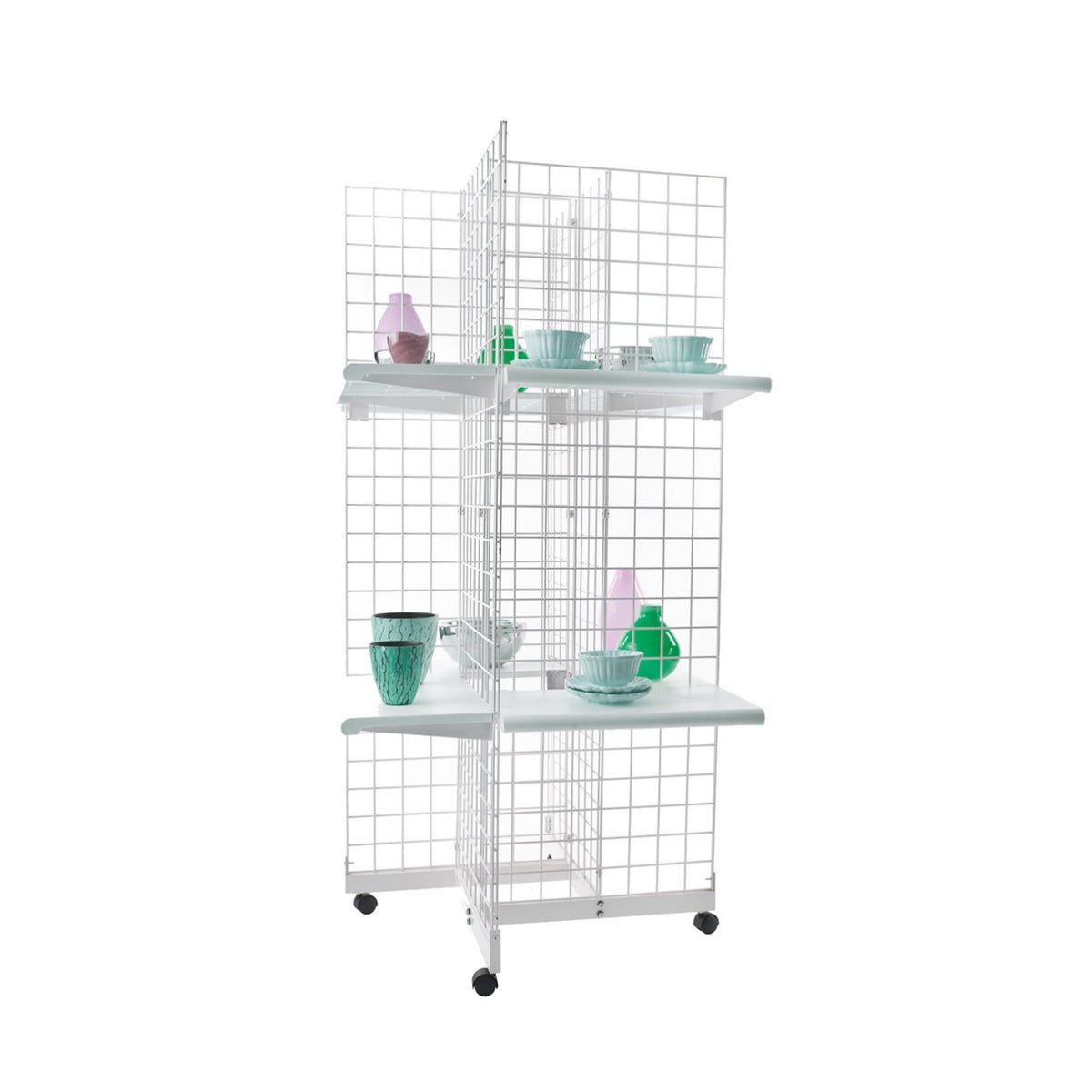 White 4-Way Wire Grid Tower with Base and Casters G391