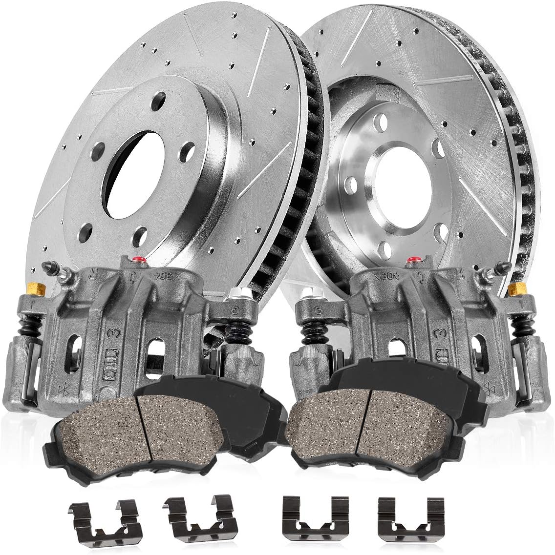 Front 2 Calipers 2 Drilled Slotted Rotors 4 Ceramic Pads Kit K7921