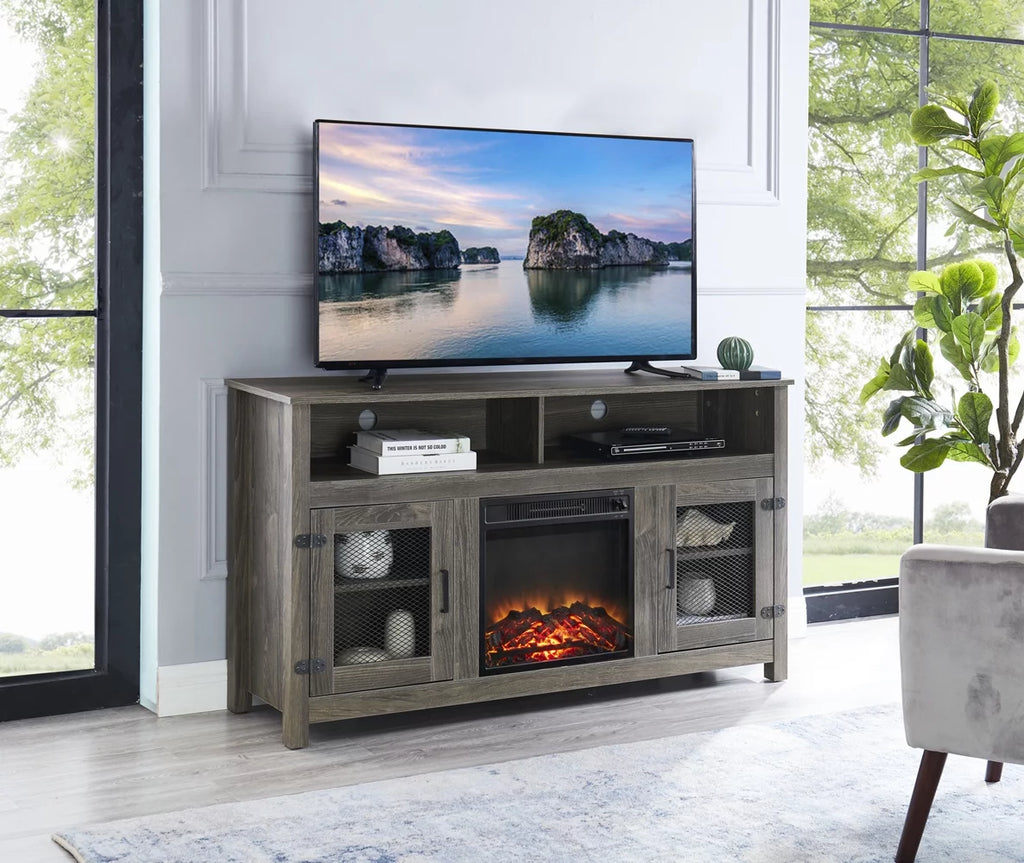 Grey TV Stand with Electric Fireplace and Storage Cabinet W5539