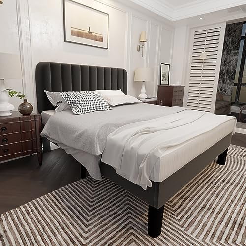 Queen Size Platform Bed Frame with Headboard Grey Q873612